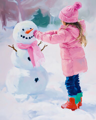 A girl is playing with a snowman in a snowy field. The snowman is wearing a pink scarf and a pink hat. The scene is cheerful and playful