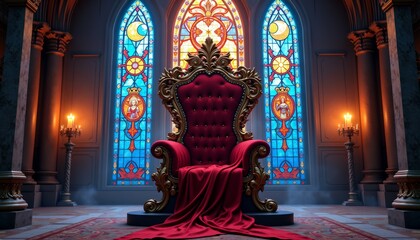 Fototapeta premium Opulent fairy tale throne draped in red fabric in front of stunning stained glass windows with dramatic lighting