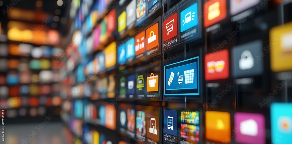 Poster a wall of colorful app icons on a digital screen, representing the vast selection of mobile apps ava