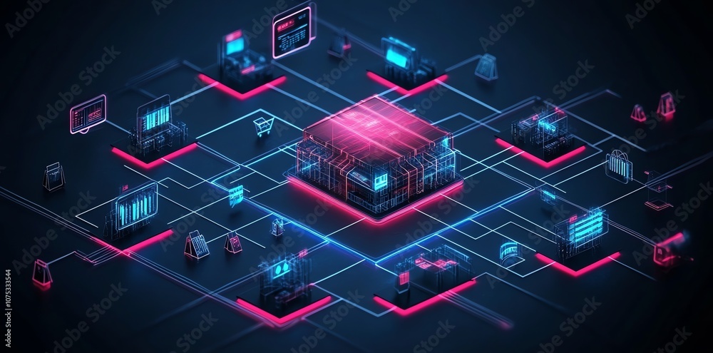 Poster A glowing computer processor, surrounded by isometric icons representing various aspects of modern technology, in a blue and pink background.