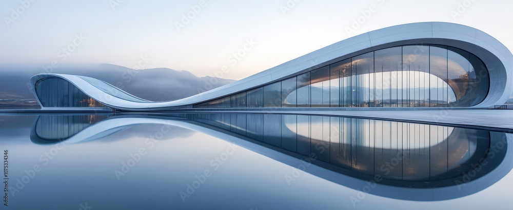 Sticker futuristic building reflecting in water at dawn with mountain view