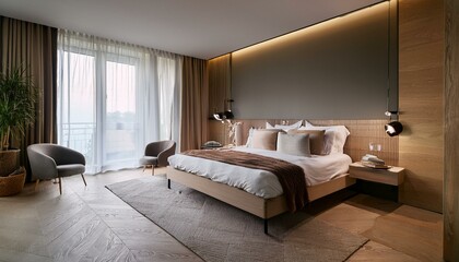 Stylish hotel bedroom interior with bed and panoramic window. Mockup wall