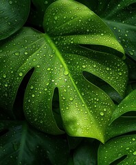 Fototapeta premium Lush Green Leaves with Water Droplets: A Close-Up of Tropical Botanical Beauty