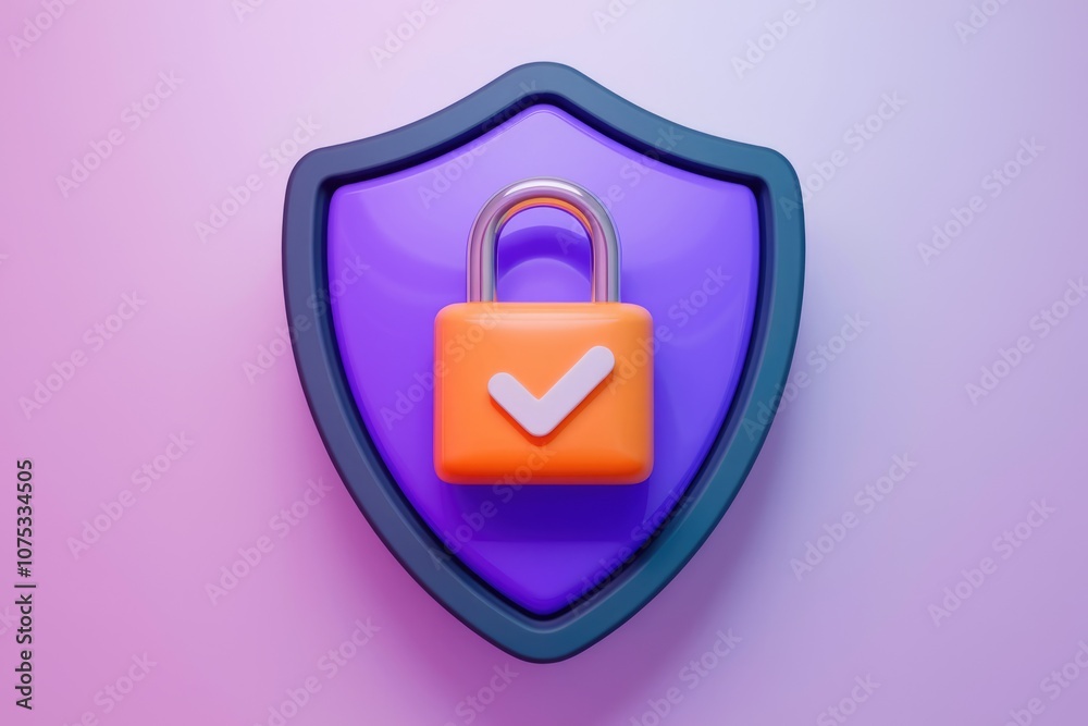 Poster a purple shield with an orange padlock and a white checkmark symbolizing secure protection.