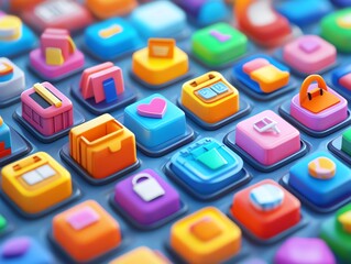 Colorful 3D app icons on a blue surface.