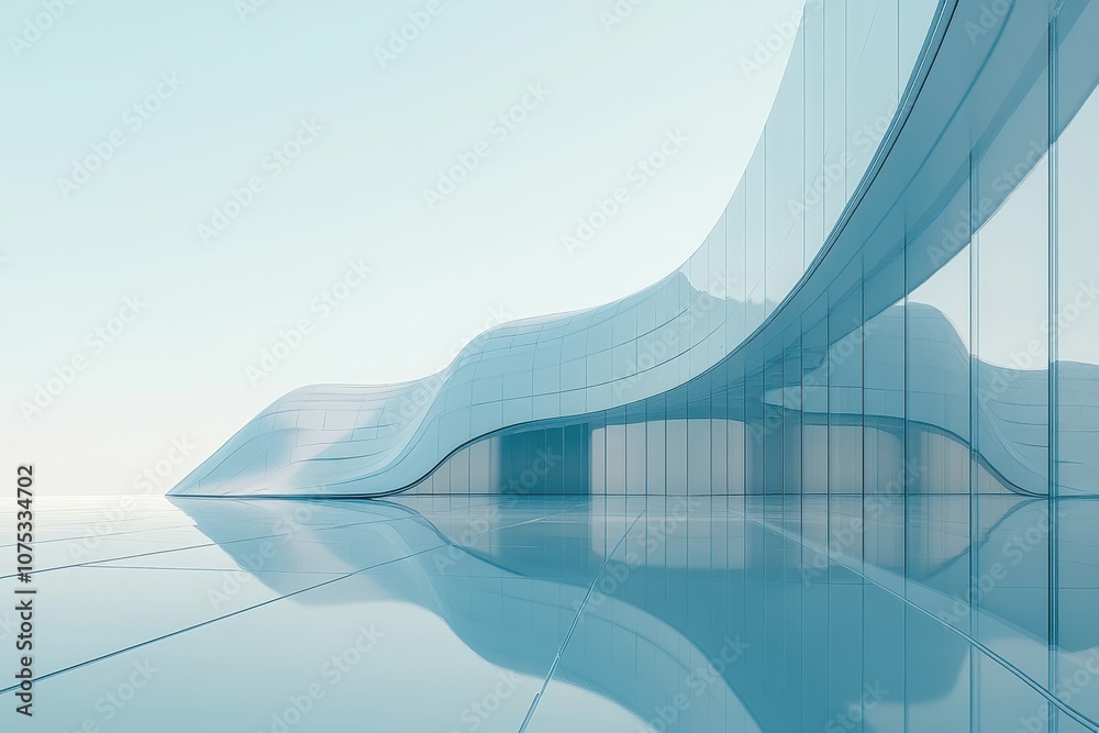 Wall mural wavy glass building reflecting on a shiny floor under a clear sky