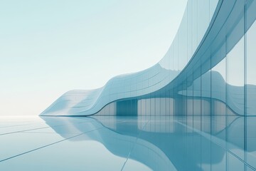 Wavy glass building reflecting on a shiny floor under a clear sky