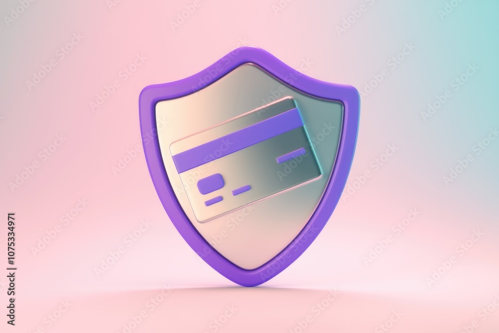 Poster a purple shield icon protecting a credit card representing secure payment.