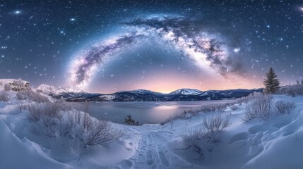 A snow-covered landscape under the night sky, with stars and the Milky Way galaxy creating a celestial scene.