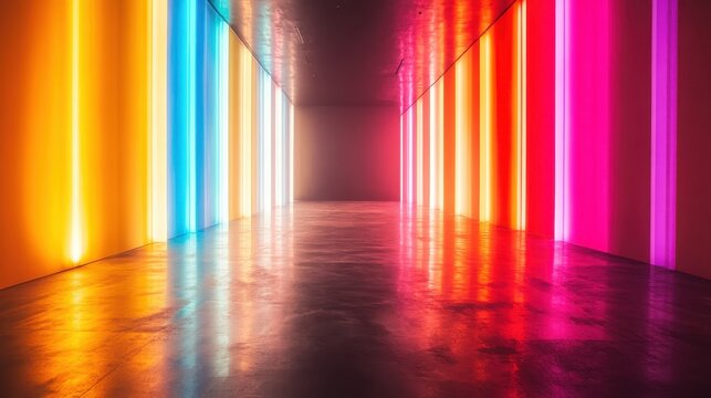 Futuristic corridor with glowing neon lights illuminating empty space