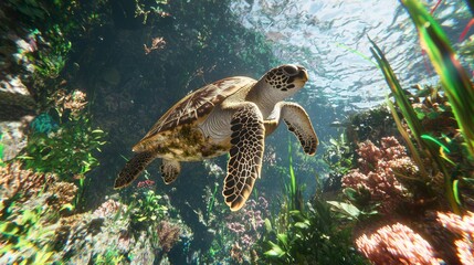 Fototapeta premium Fragile Beauty of Marine Ecosystems: 3D Render of Sea Turtle Amid Vibrant Coral with Human Damage Awareness