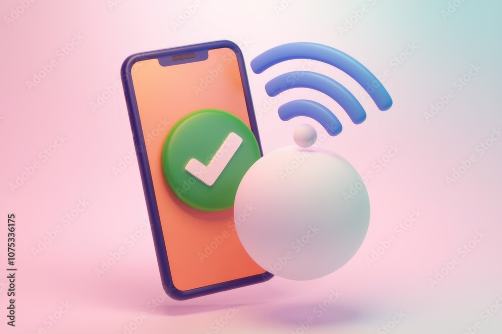 Poster a 3d illustration of a smartphone with a checkmark and wifi symbol