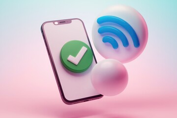 Smartphone with a green checkmark and a blue Wi Fi symbol.