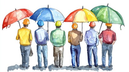 Naklejka premium A group of individuals holding colorful umbrellas, standing together, showcasing a sense of community and protection. on a white background
