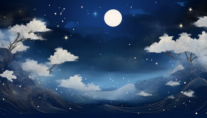 Artwork of the moon and starlight floating in the night sky