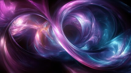 Abstract swirling light in pink, blue and purple on a black background.