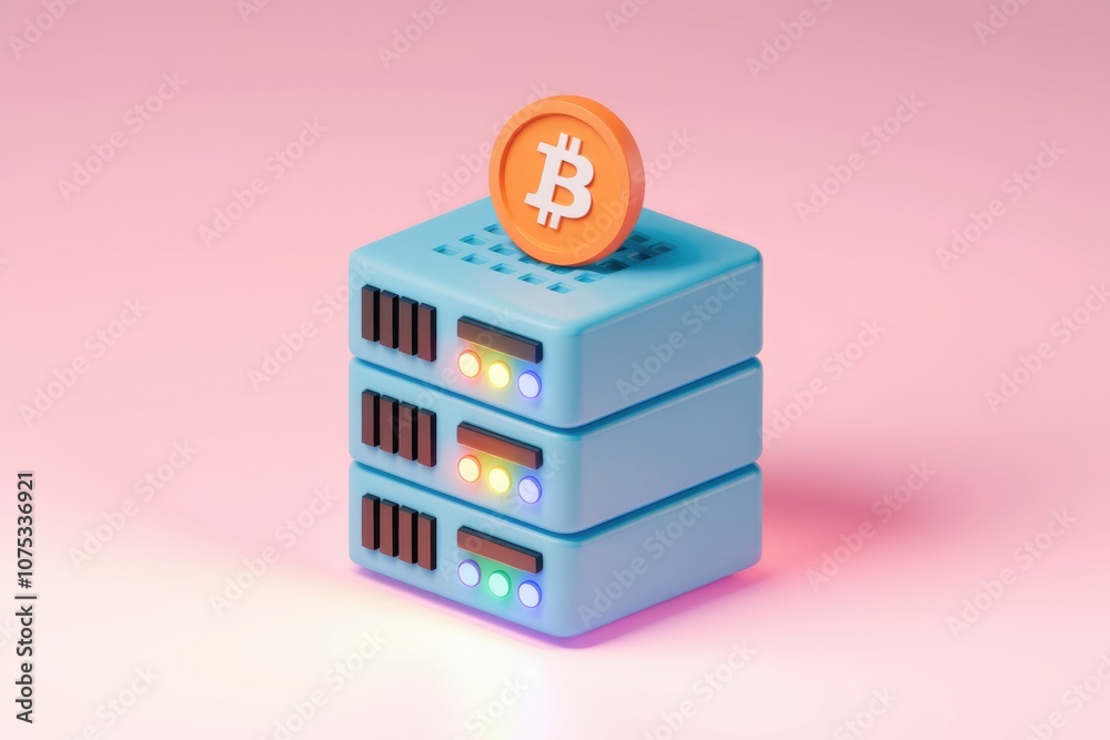Poster A 3D rendering of a blue server with a Bitcoin coin on top.
