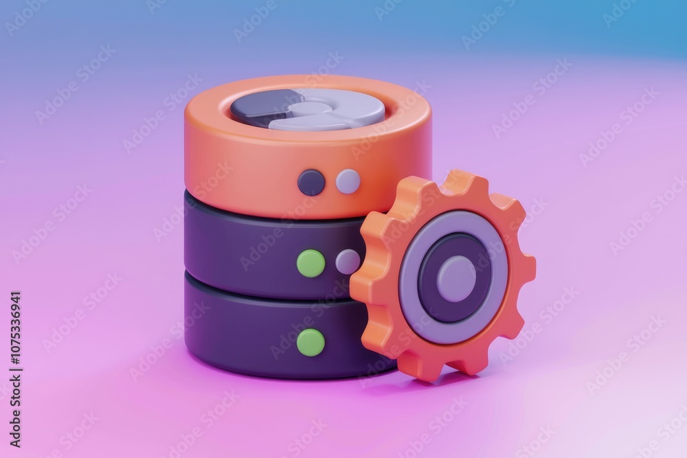 Fototapete 3D rendering of a database server with a gear  symbolizing system configuration and management.