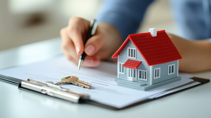 person signs a real estate contract with a miniature house and keys on the table, symbolizing property purchase, home ownership, or real estate investment.