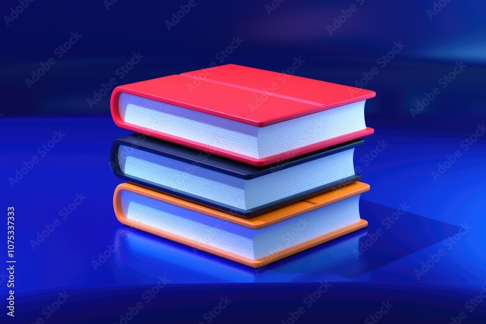 Poster a stack of three colorful books on a blue surface.