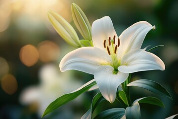 Fototapeta premium White madonna lily flower blooming in warm sunlight with bokeh background