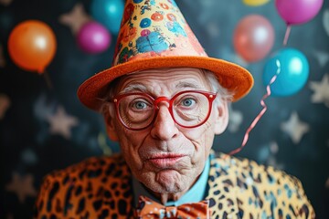 Senior man wearing funny costume celebrating birthday party