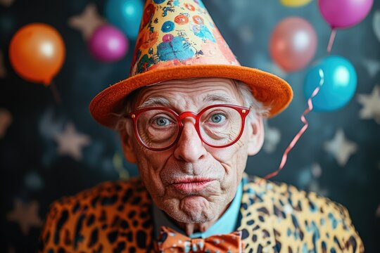 Senior man wearing funny costume celebrating birthday party - Powered by Adobe