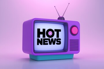 Obraz premium A purple retro TV with the words HOT NEWS displayed on the screen.