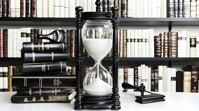Hourglass Justice: An hourglass with sand trickling slowly. The grains represent court proceedings&mdash;the inexorable passage of time. 