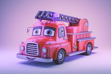 Fototapeta premium A cartoon firetruck with a smiling face and a ladder on top.