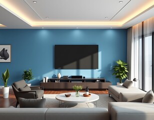 modern living room with tv with blue wall background