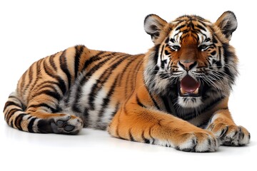 Fototapeta premium Majestic Tiger in Restful Pose on White Background for Wildlife Art