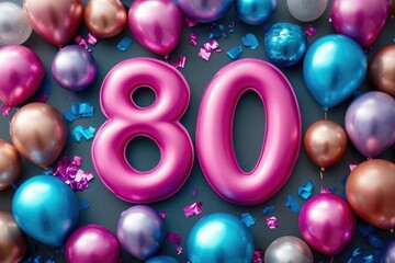 Celebrating 80th birthday with colorful balloons and confetti