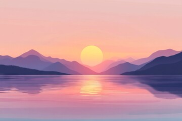 Fototapeta premium Serene sunset over the sea with mountains, a minimalist flat vector illustration. AI generated illustration