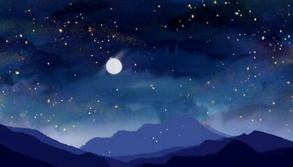 Artwork of the moon and starlight floating in the night sky