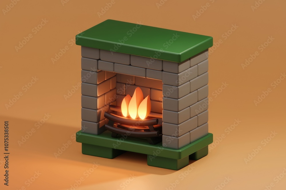 Poster a 3d rendering of a simple brick fireplace with flames.