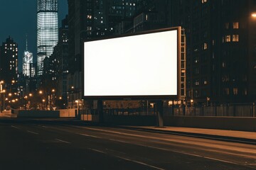 Showcase a realistic billboard mockup on a building facade in a vibrant cityscape at night for enhanced advertising impact