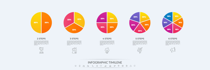 Circle division vector infographics icon set from 2 to 6. Different color circles chart divided 2, 3, 4, 5, 6 equal parts. Set business round diagram with same size sectors, fraction.