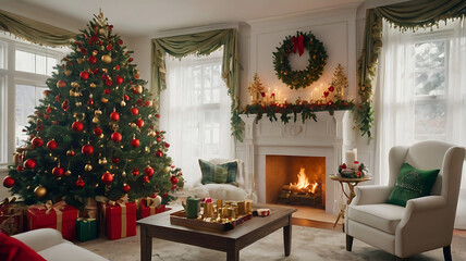 Cozy Traditional Christmas Living Room with Festive Decor and Fireplace, Christmas living room, holiday decor, Christmas tree, fireplace, Christmas decorations
