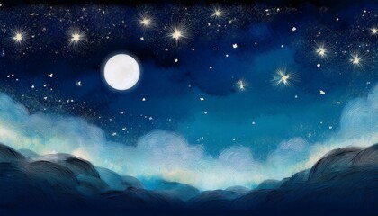 Artwork of the moon and starlight floating in the night sky