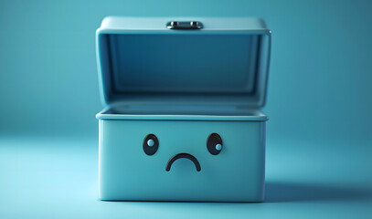 Blue box with sad face illustration in minimalist style in blue monday concept
