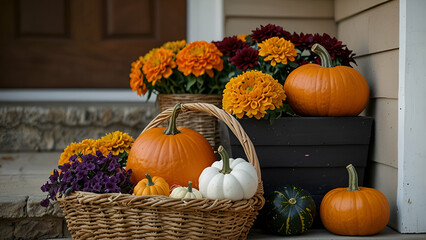 Orange and purple gourds and pumpkins in a basket, pumpkins and gourds in a garden, Halloween flowers and pumpkins on the front porch, and an autumn banner