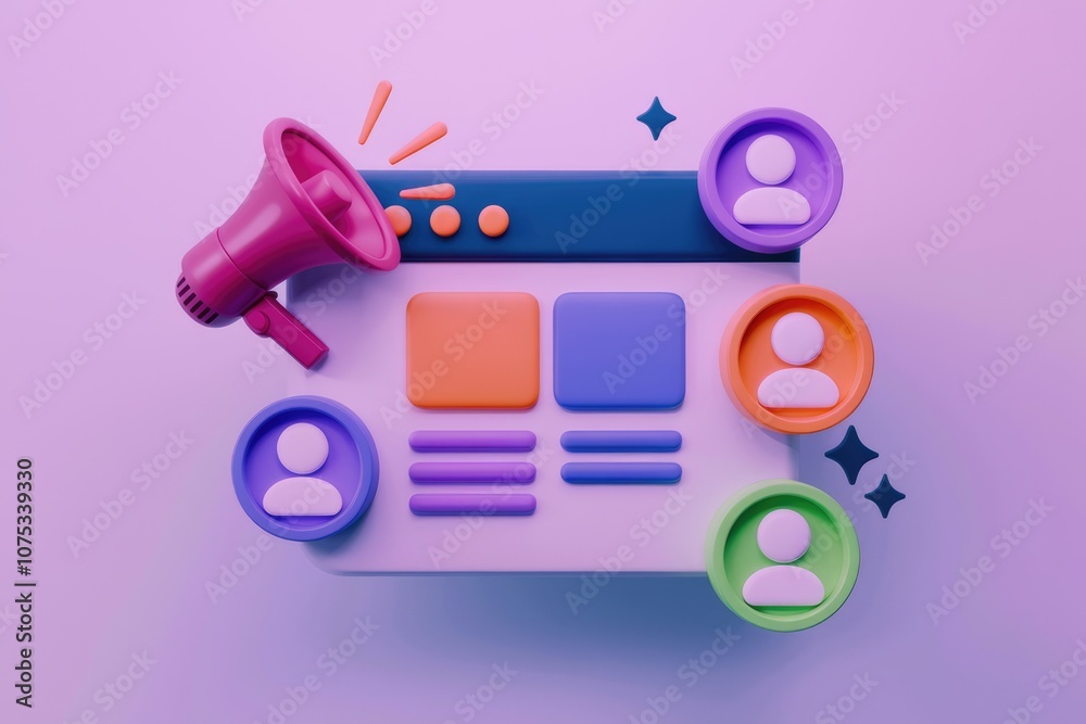 Poster 3d illustration of website with megaphone and user icons for online marketing