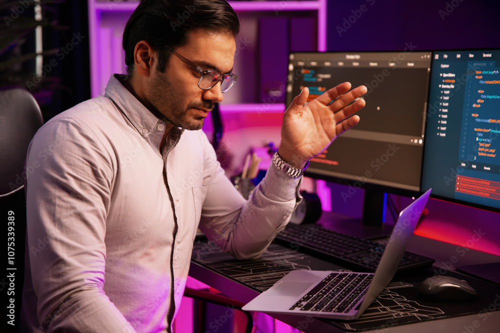 Poster serious smart it developer meeting via application team record on laptop to solve problem in error s