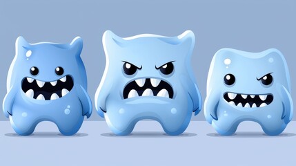 Obraz premium A chaotic trio of playful, blue cartoon teeth creatures with varying expressions