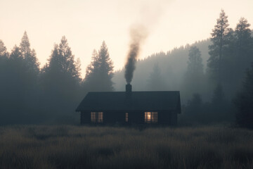 A small cabin in the woods with smoke coming out of the chimney