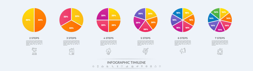 Circle division vector infographics icon set from 2 to 7. Different color circles chart divided 2, 3, 4, 5, 6, 7 equal parts. Set business round diagram with same size sectors, fraction.