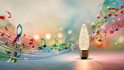 A dreamy, shallow-depth-of-field photography capturing a lone, sparkling Christmas light surrounded by a kaleidoscope of colorful, swirling bokeh, shaped like musical notes, against a soft, blurred, a