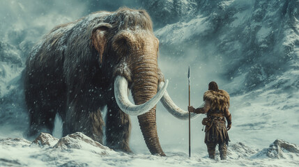 prehistoric hunter faces a massive woolly mammoth in a snowy, mountainous landscape. Epic depiction of Ice Age survival and ancient human history.
