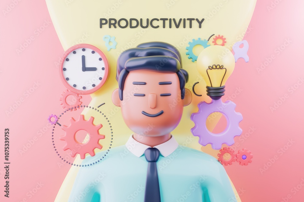 Leinwandbilder 3d illustration of a man representing productivity with gears a light bulb and a clock.